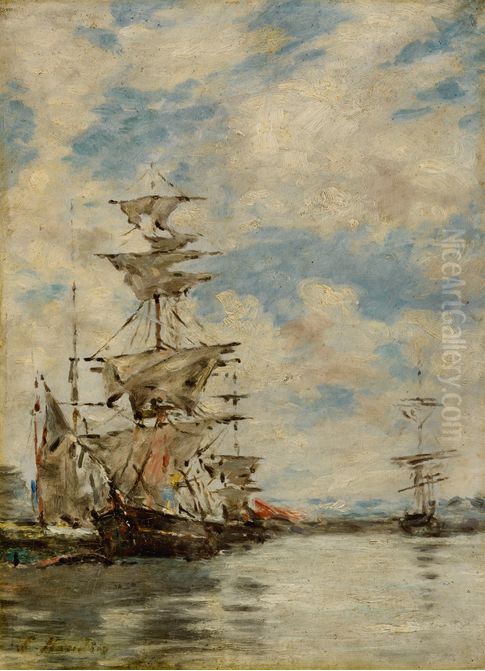 Sailing ships in the harbor Oil Painting by Eugene Louis Boudin