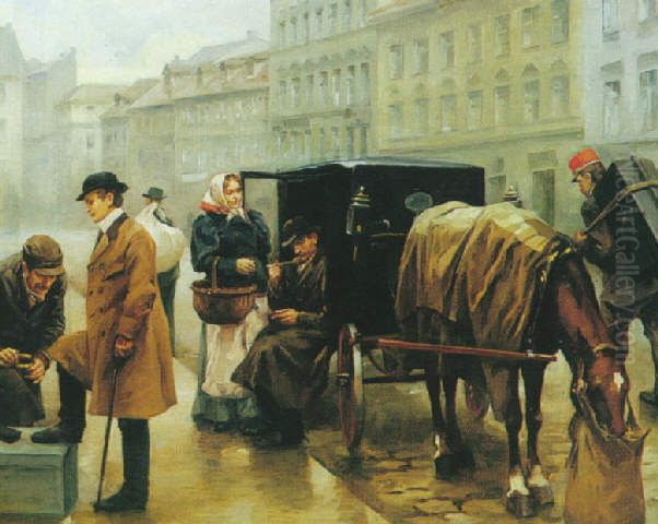 A Street Scene in Prague Oil Painting by Vojtech Bartonek