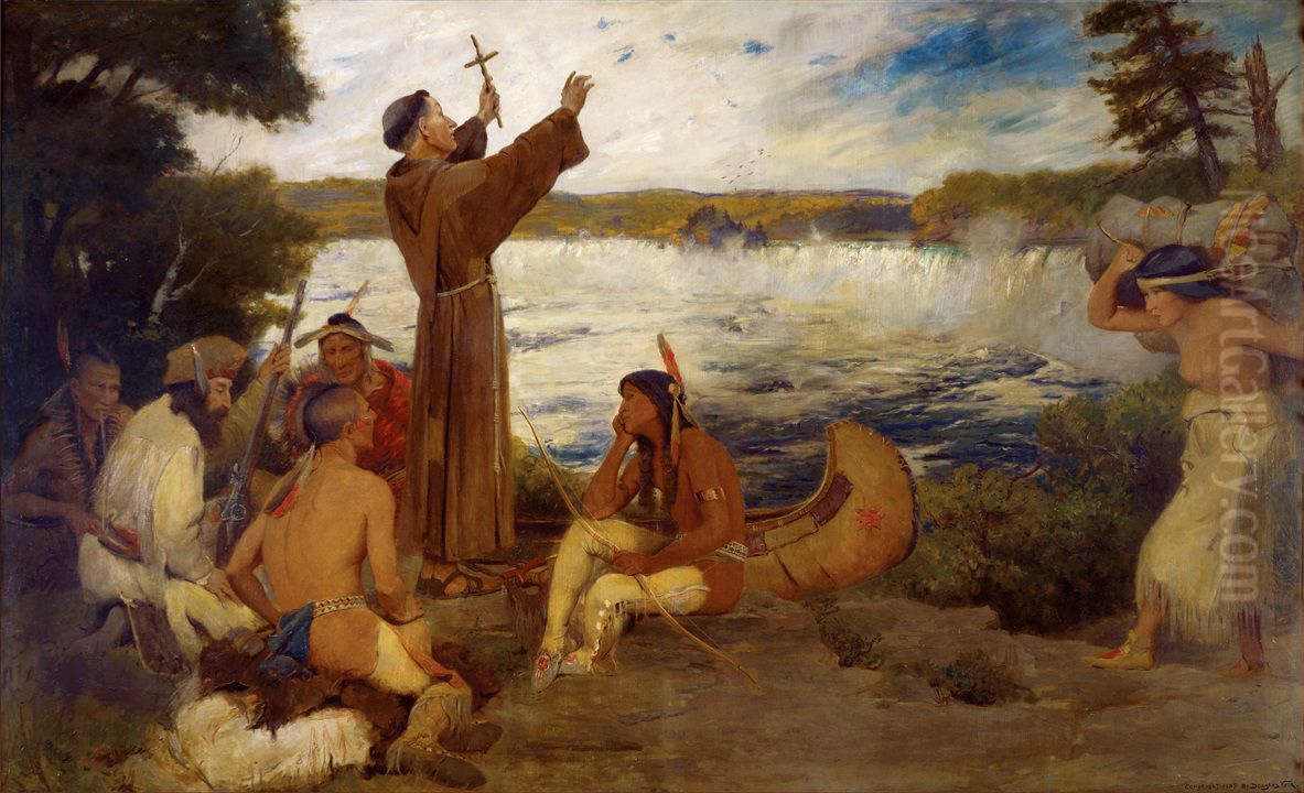 Father Hennepin Discovering the Falls of St. Anthony Oil Painting by Douglas Volk