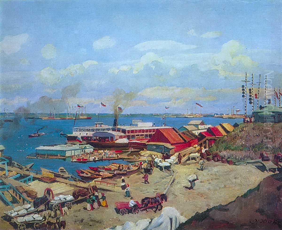 The Volga docks Oil Painting by Konstantin Yuon