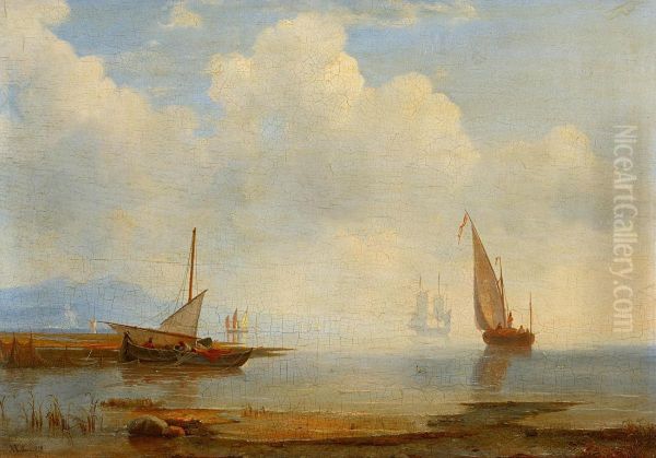 Schiffe vor sudlicher Landschaft Oil Painting by Adolph Friedrich Vollmer