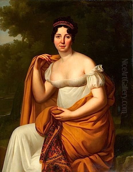 Portrait of a woman in yellow shawl Oil Painting by Julie Volpeliere