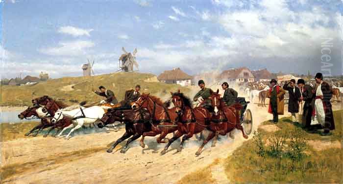 Wyscigi zaprzegow Oil Painting by Wlodzimierz Los