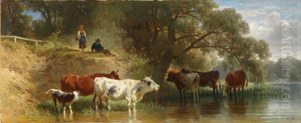 Weidende Kuhe am Fluss mit Hirten Oil Painting by Friedrich Voltz