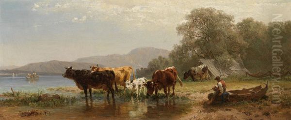 Kuhe am Seeufer mit Fischerboot Oil Painting by Friedrich Voltz