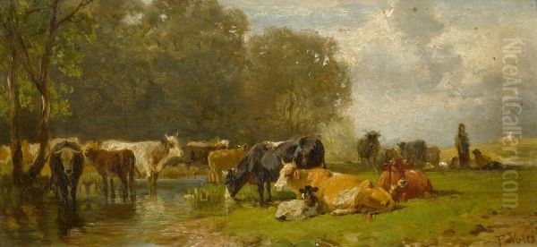 Kuhe auf der Weide Oil Painting by Friedrich Voltz