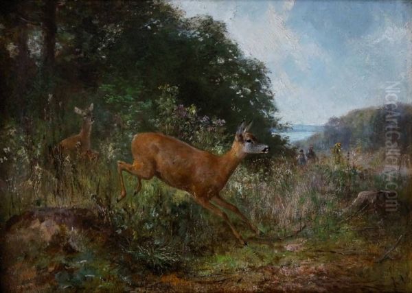Hirschkuh mit Kalb springen aus dem Gebusch Oil Painting by unknown