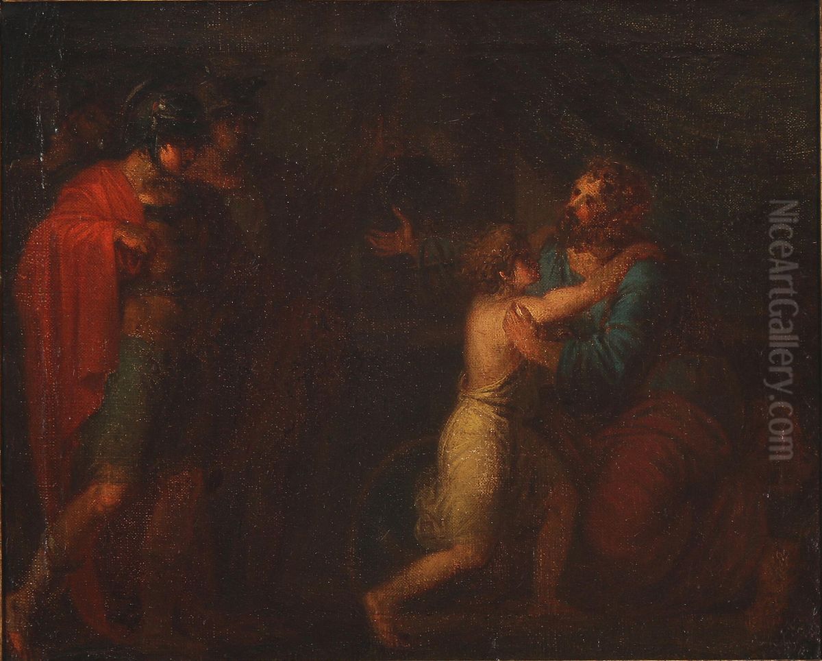 To romerske krigere betragter en siddende mand, der omfavner et barn Oil Painting by Nicolai Abildgaard