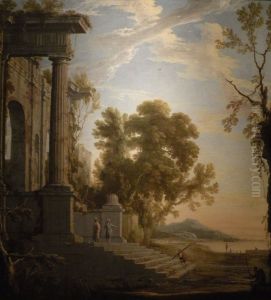Paysage avec figures sur les marches d'un palais en ruines