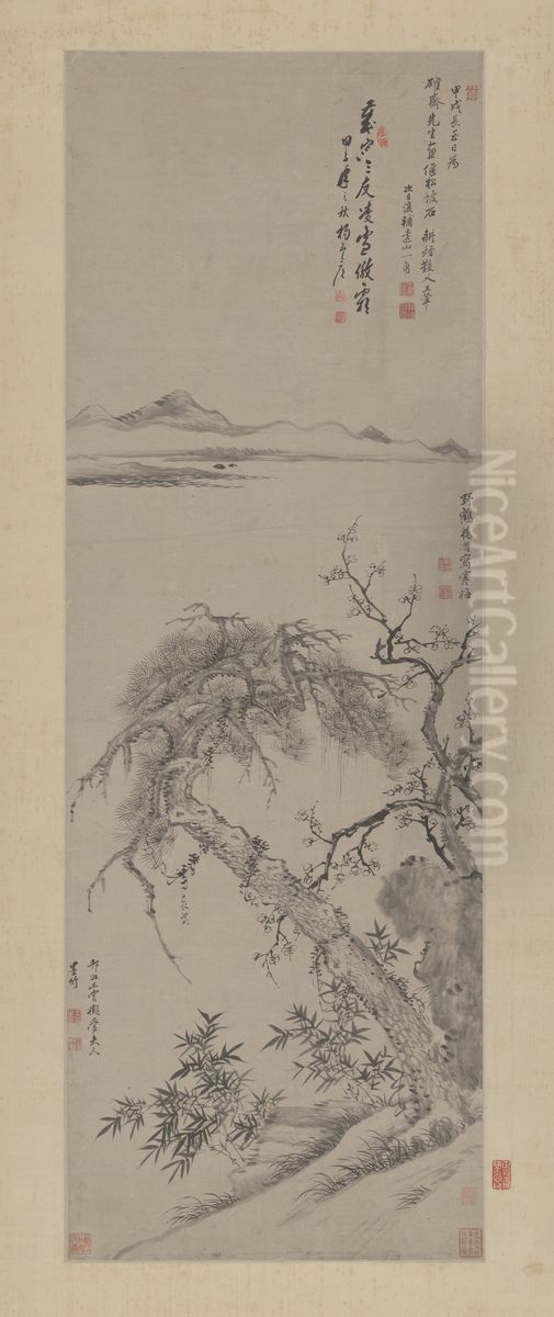 <<wang hui, yang jin, wang yun he hui sui han san you tu zhou>> Oil Painting by Yang Jin