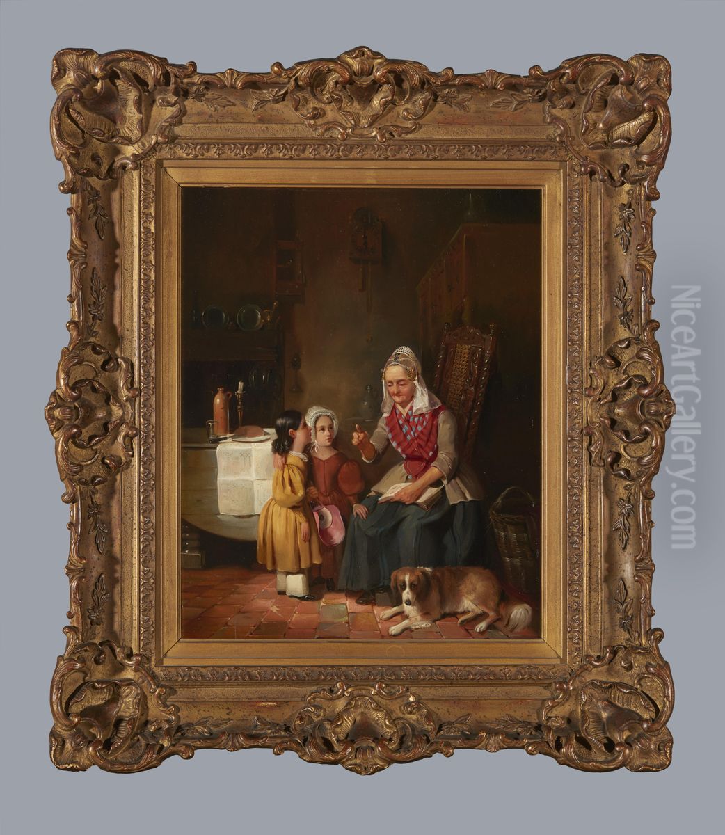Interieur met zittende vrouw en twee meisjes, 1840-1849 Oil Painting by Willem Hendrik Schmidt