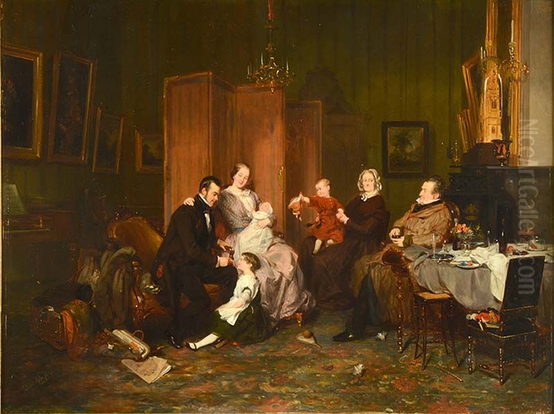 Portrait of Isaac Lambertus van den Berch (1811-1879) with his family and his parents in law Oil Painting by David Bles