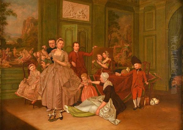 Portrait of Hendrik Hoogers (1747-1814) with his family, and Jan Broesterhuijsen (?-1789) Oil Painting by Hendrik Hoogers