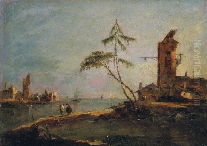 Vue de l'entree d'un chenal avec deux tours Oil Painting by Francesco Guardi