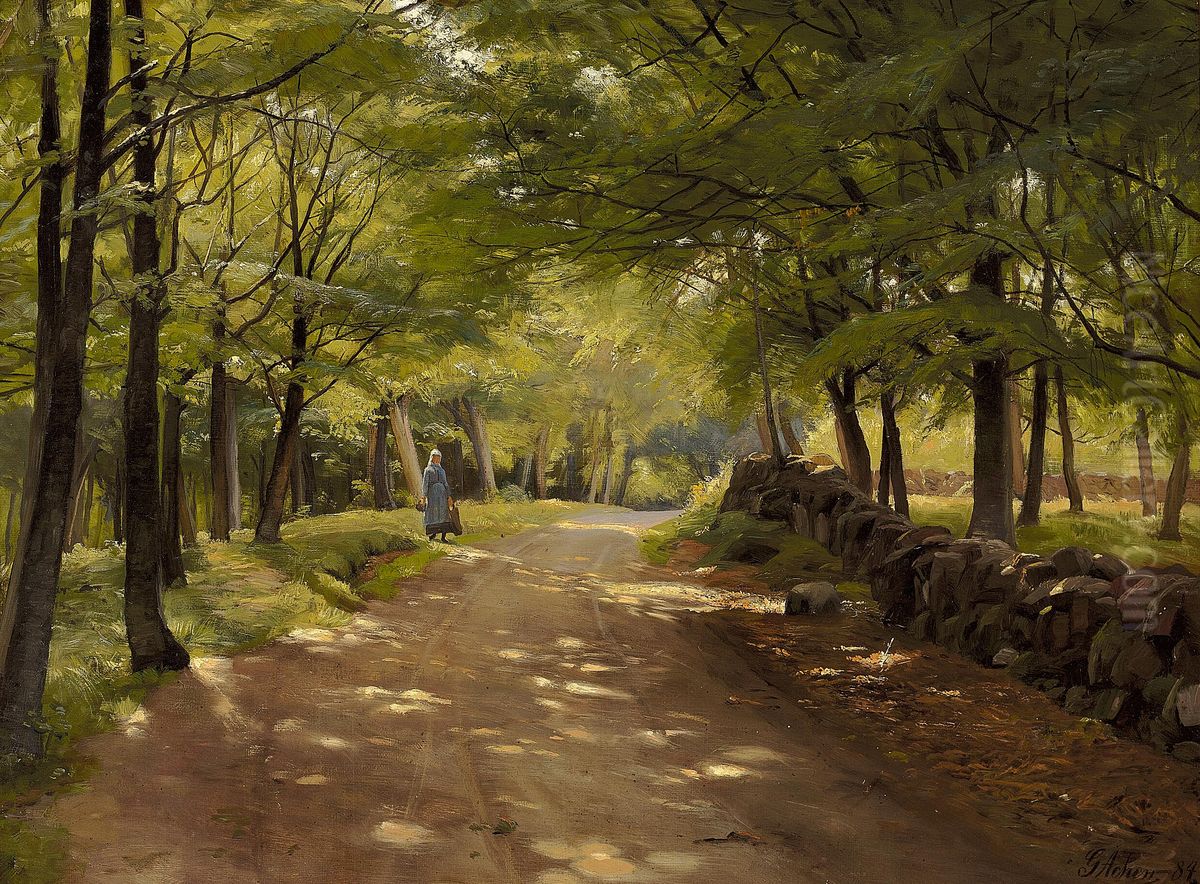 A country girl in a beech wood, sunshine. Oil Painting by Georg Achen