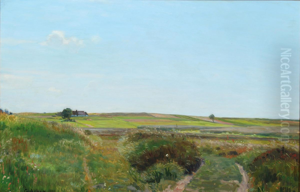 Udsigt over dansk sommerlandskab. Oil Painting by Georg Achen