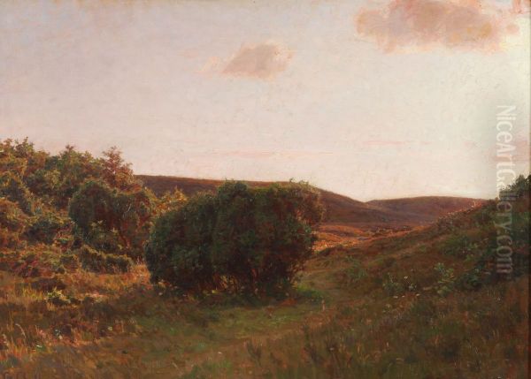 Udsigt over landskab med lyngklaedte bakker. Oil Painting by Georg Achen