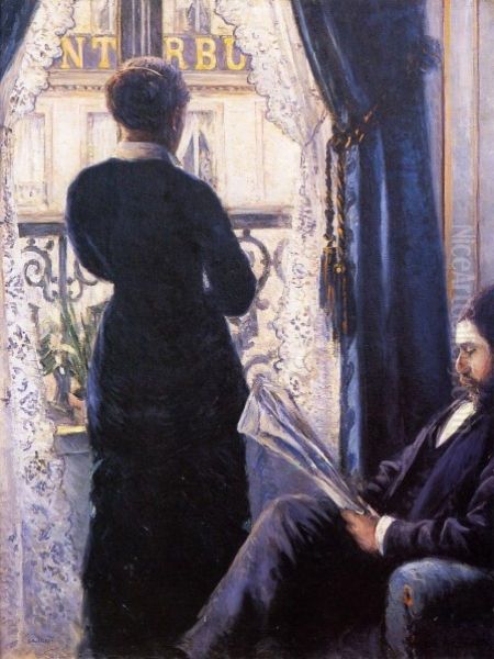 Interior with woman and man Oil Painting by Georg Achen