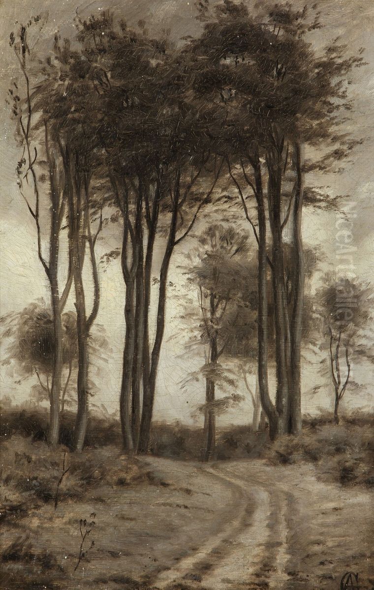Skovparti med hulvej. Oil Painting by Georg Achen