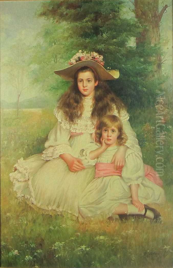 Portraet af to piger pa en eng. Oil Painting by Georg Achen