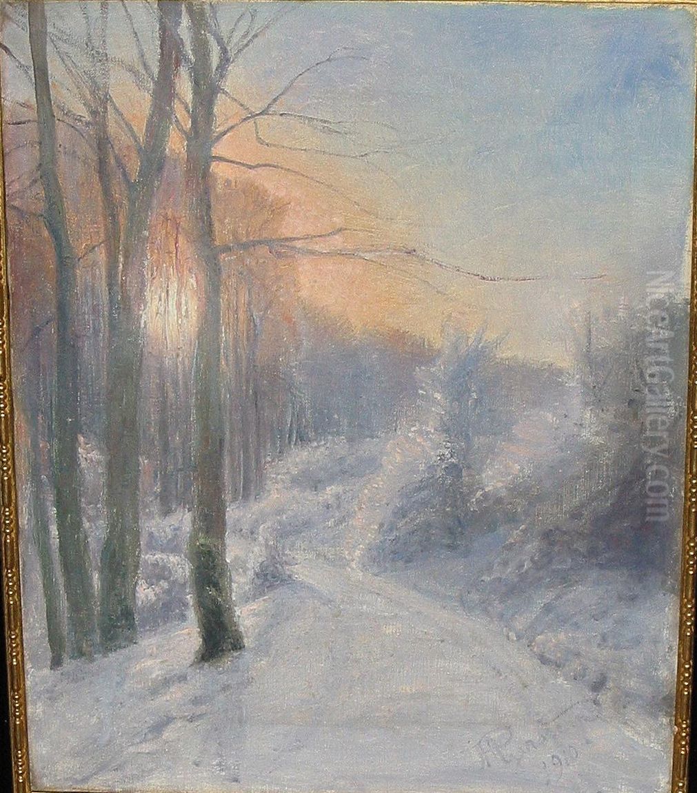 Vinterdag i skoven med sollys gennem traeerne. Oil Painting by Hans Agersnap