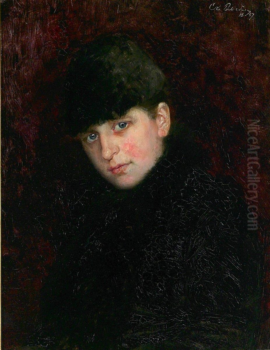 Portrait of a young woman with fur lined coat and cap. Oil Painting by Ole Pedersen