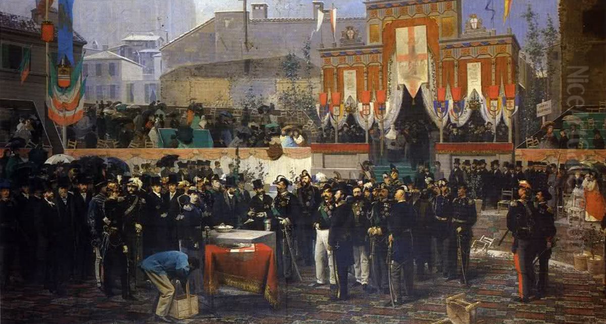 The King of ItalyVittorio Emanuele IIlaying the foundation stone of theGalleria Vittorio Emanuele IIin thePiazza del Duomo, Milan, march 7 1865 Oil Painting by Domenico Induno