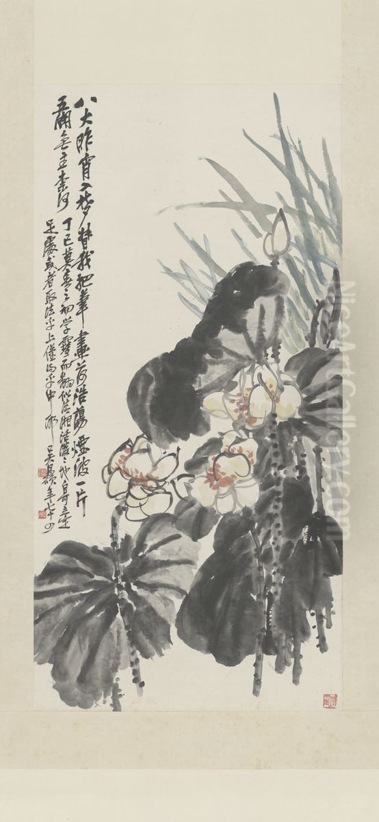 <<wu jun qing pu cao bai lian tu zhou>> Oil Painting by Wu Chang-shuo