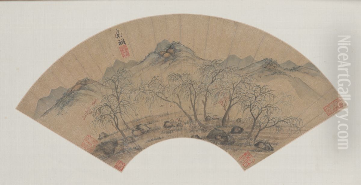 <<wen zheng ming tao liu chun yan shan ye>> Oil Painting by Wen Zhengming