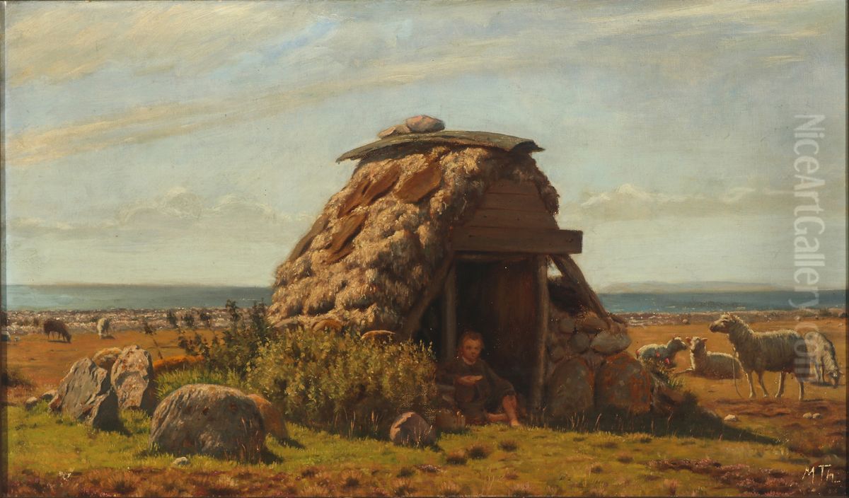 A shepherd and his sheep Oil Painting by Hans Michael Therkildsen