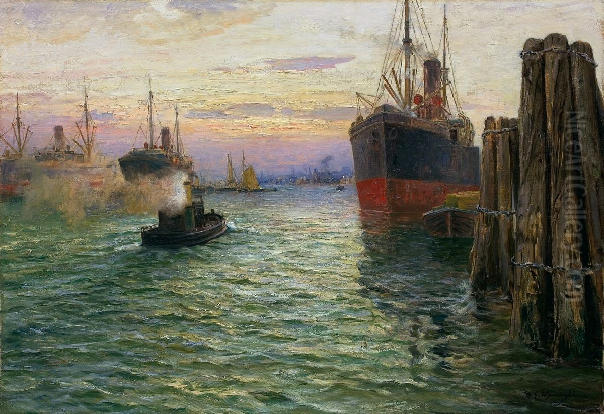 W wielkim porcie w Hamburgu Oil Painting by Michal Gorstkin-Wywiorski