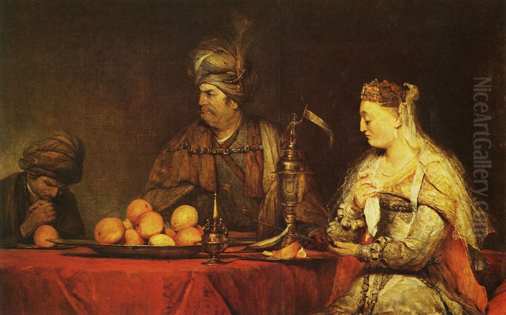 Ahasveros verhoort Haman aan het gastmaal van Ester (Ester 7:1-17) (twee schilderijen) Oil Painting by Arent de Gelder