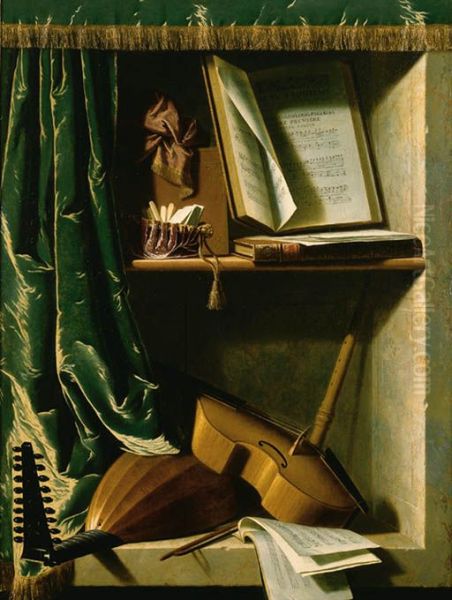 A Trompe L'oeil of a Lute, a Viol and a Recorder, with books of Music in a curtained stone niche Oil Painting by Michel Boyer