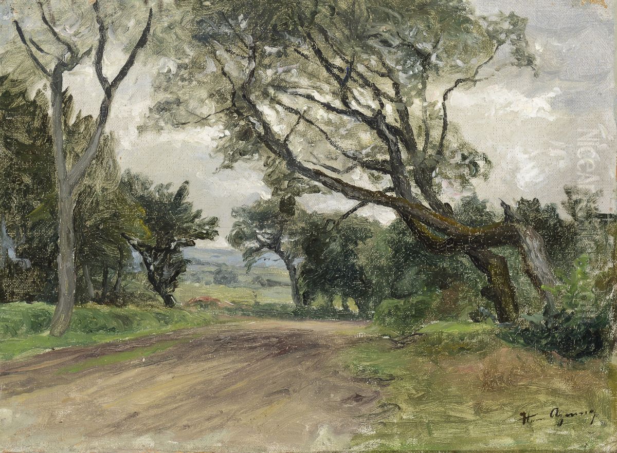 A tree lined road. Oil Painting by Hans Agersnap