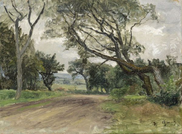 A tree lined road. Oil Painting by Hans Agersnap