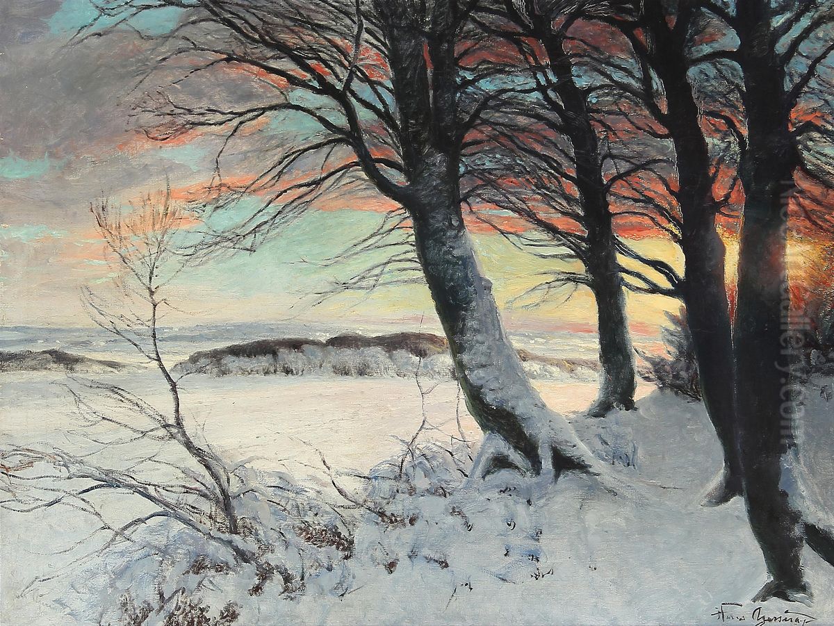 A winter landscape at sunset. Oil Painting by Hans Agersnap