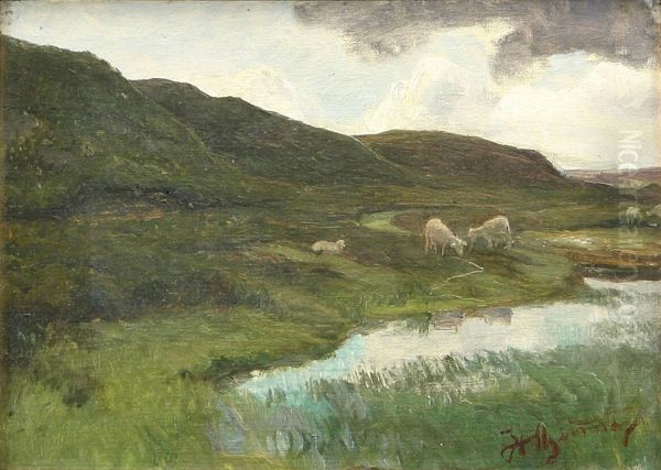 Sheep in landscape with a brook. Oil Painting by Hans Agersnap