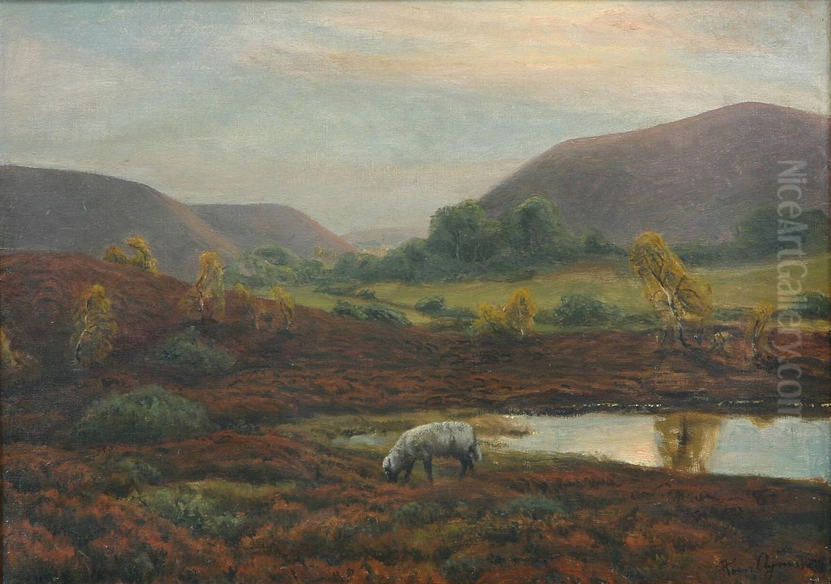 Hilly landscape with a pond and a sheep. Oil Painting by Hans Agersnap