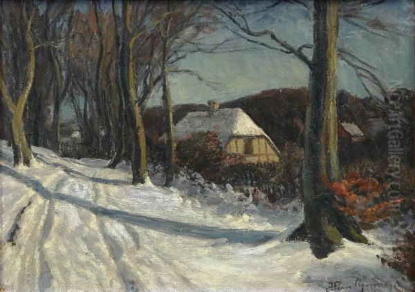 Forest view with houses. Winter. Oil Painting by Hans Agersnap