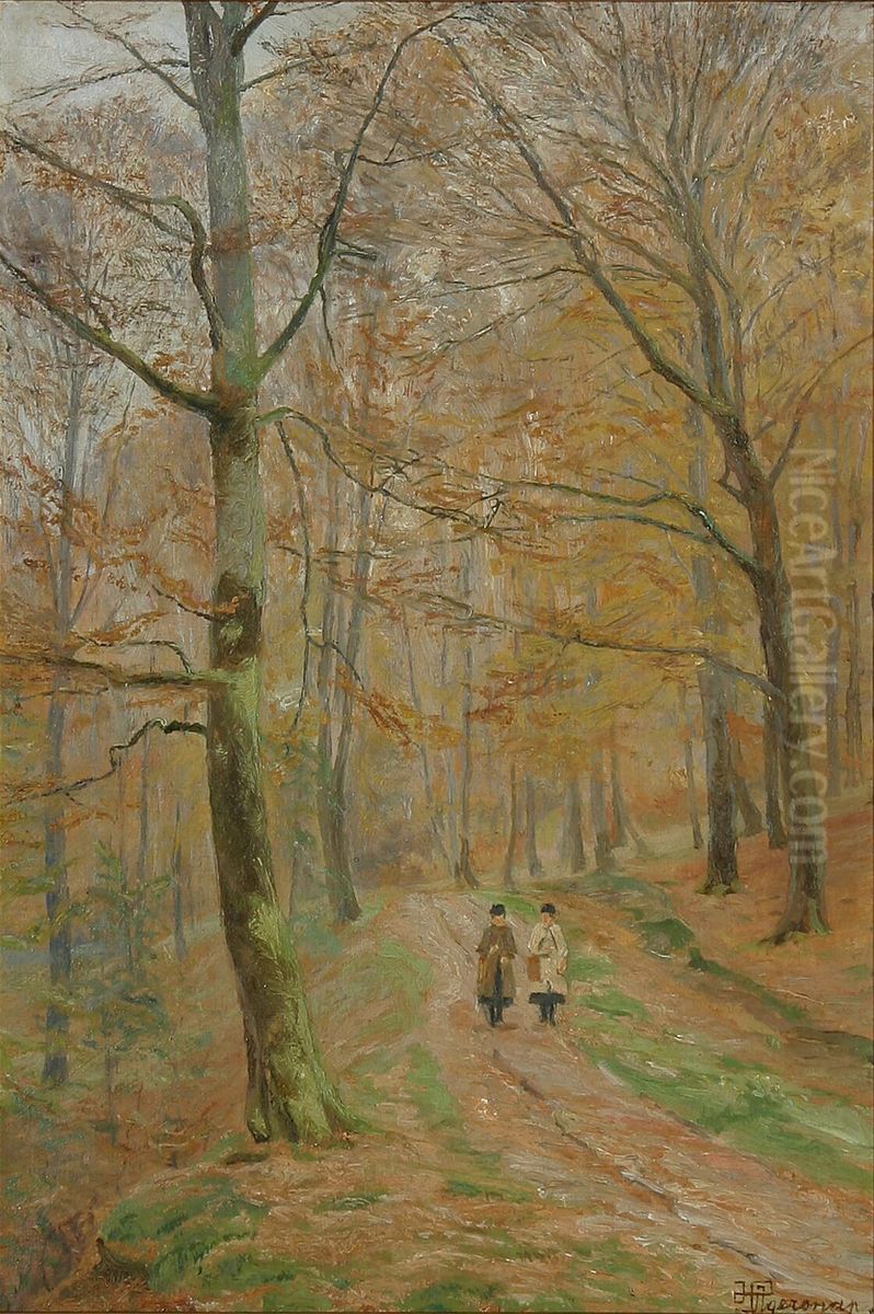 Skovparti med to gaende kvinder. Oil Painting by Hans Agersnap