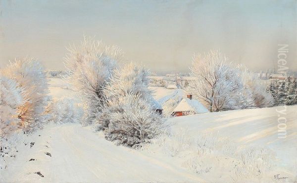 A snow covered landscape. Oil Painting by Hans Agersnap