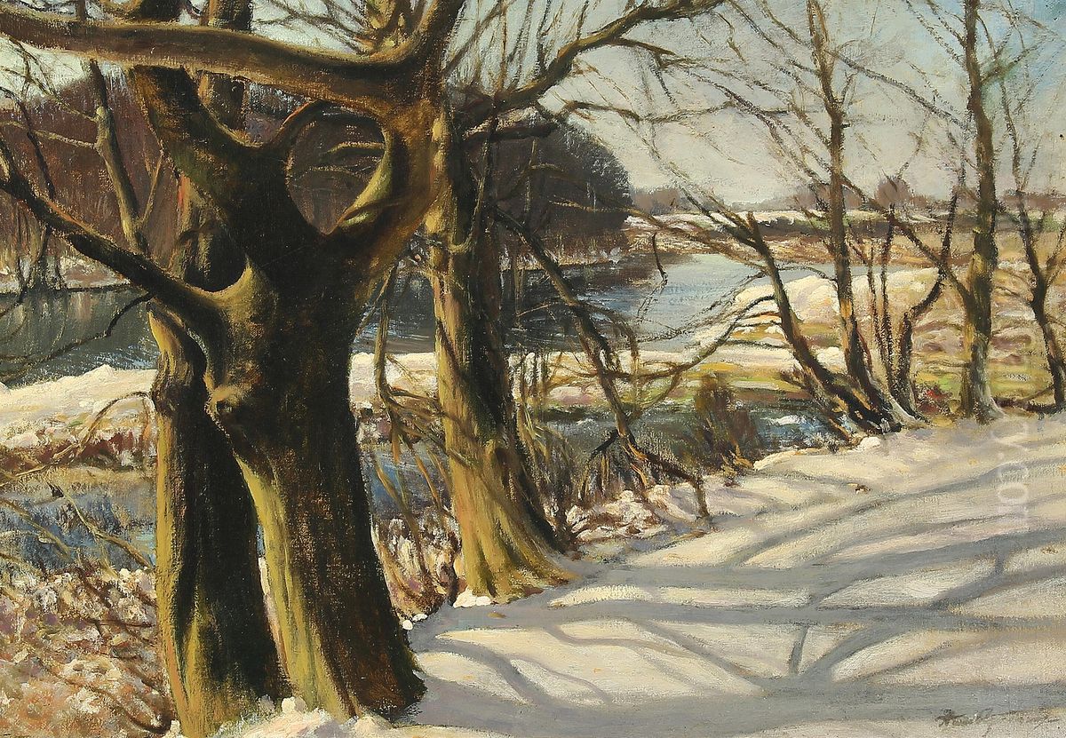 A snow covered lakeside. Oil Painting by Hans Agersnap