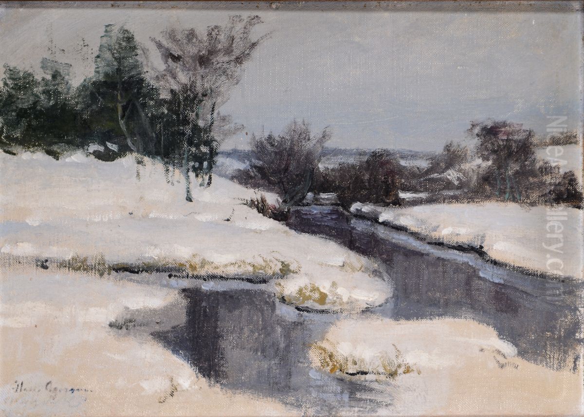 Snow covered landscape. Oil Painting by Hans Agersnap