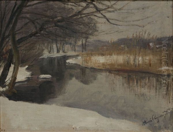 Winter landscape. (27 x 35 cm). Oil Painting by Hans Agersnap