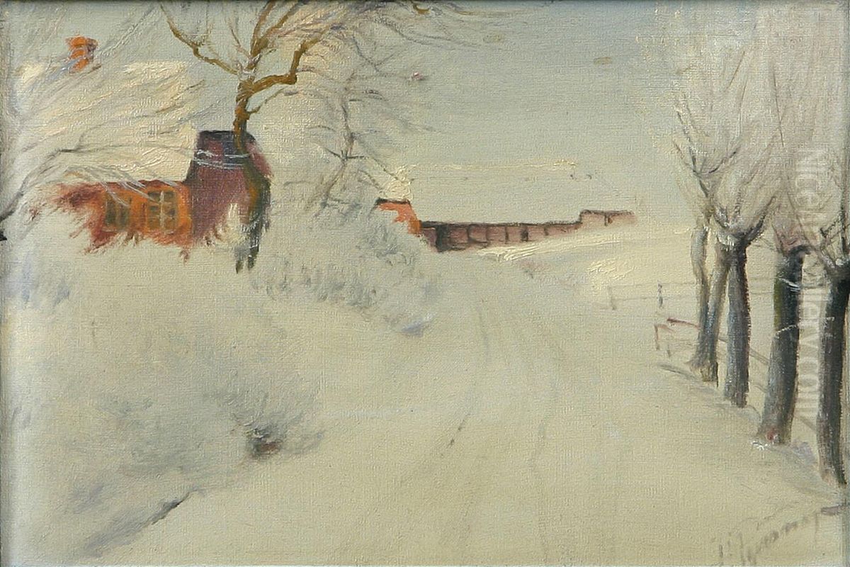 Vinterlandskab med huse. Oil Painting by Hans Agersnap