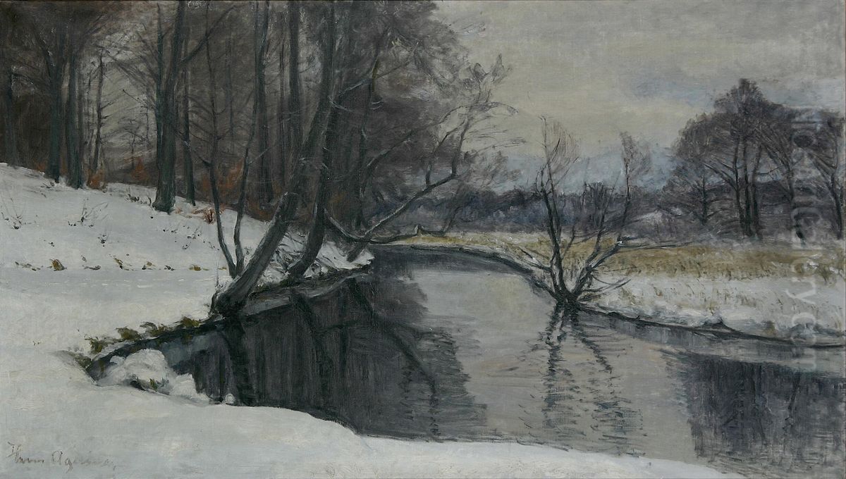 Winter landscape with a river running through the woods. Oil Painting by Hans Agersnap