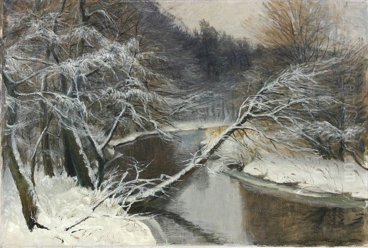 Winter scene with a stream. Oil Painting by Hans Agersnap