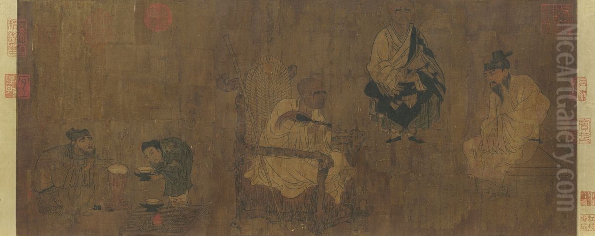 Xiao Yi Obtaining the Lanting Manuscript, Taipei copy Oil Painting by Yan Liben