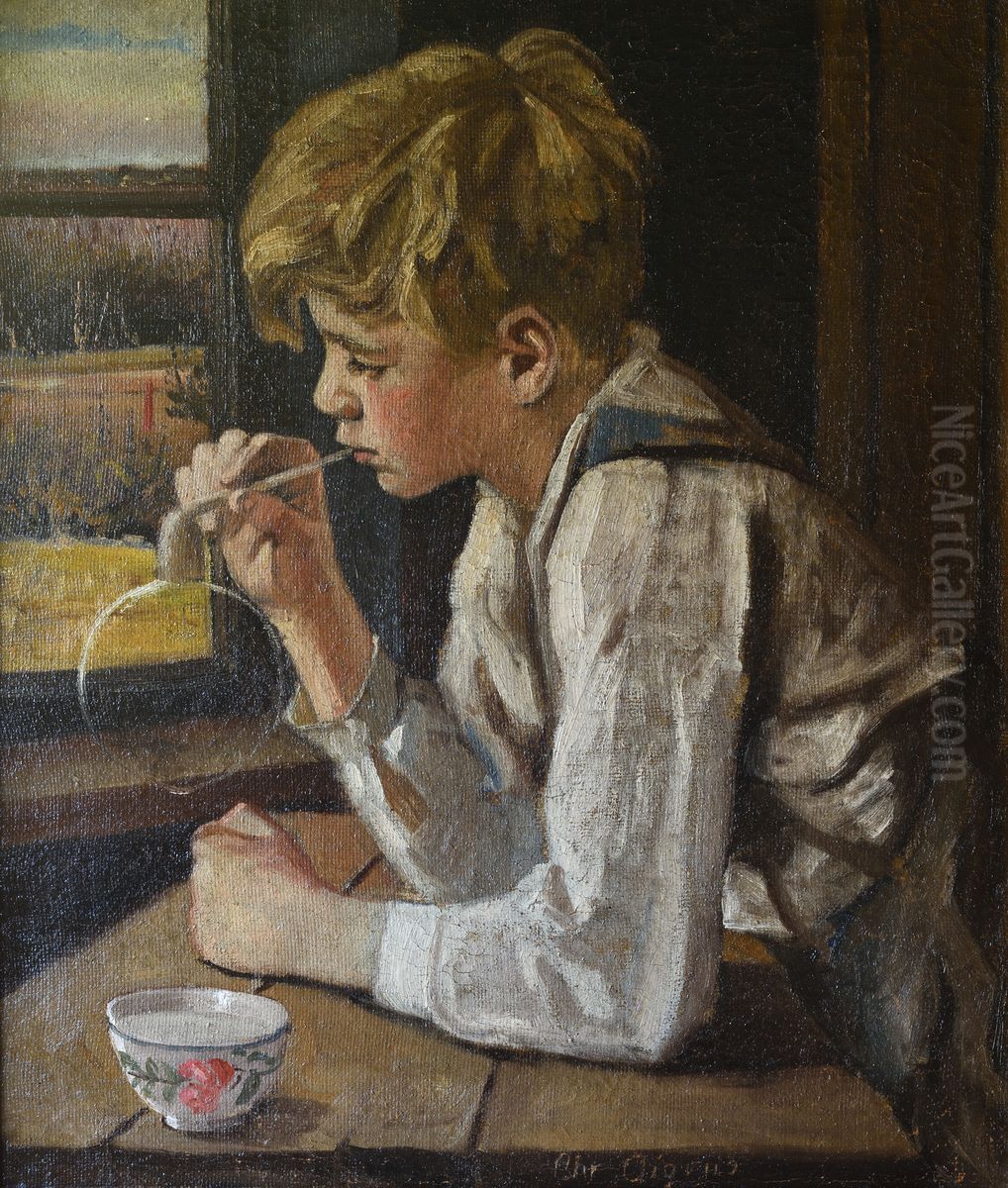 Dreng blaeser saebebobler. Oil Painting by Christian Aigens