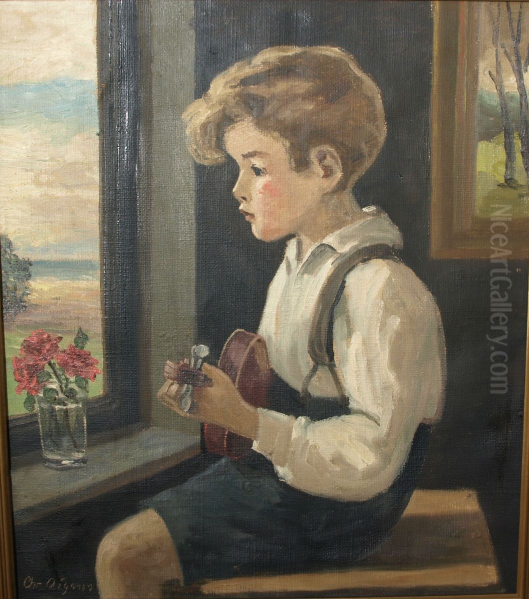 A boy with a violin. Oil Painting by Christian Aigens